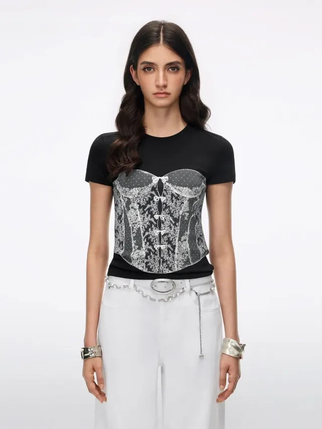Miss Sixty Beaded Graphic T-shirt sort cropped perler