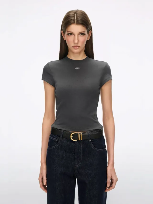 Miss Sixty Broderet T-shirt Mørkegrå slim crop
