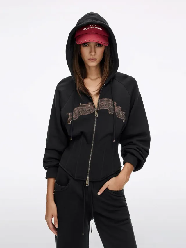 Miss Sixty Printed Zip Hoodie sort cropped