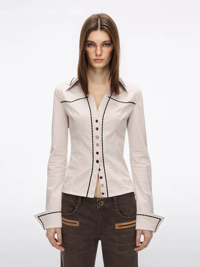Miss Sixty Rhinestone Button skjorte khaki grey