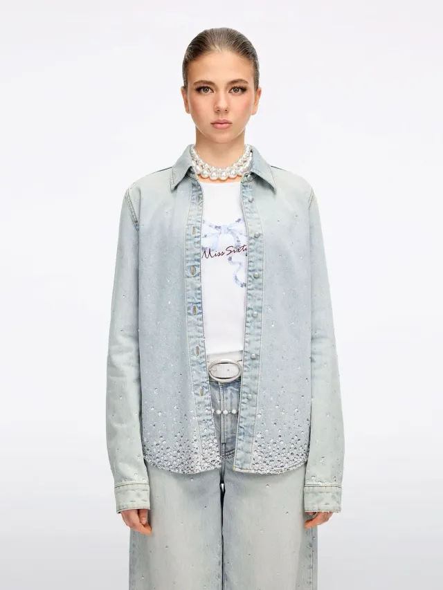 Miss Sixty Rhinestone Denim Skjorte Lyseblå med Rhinsten