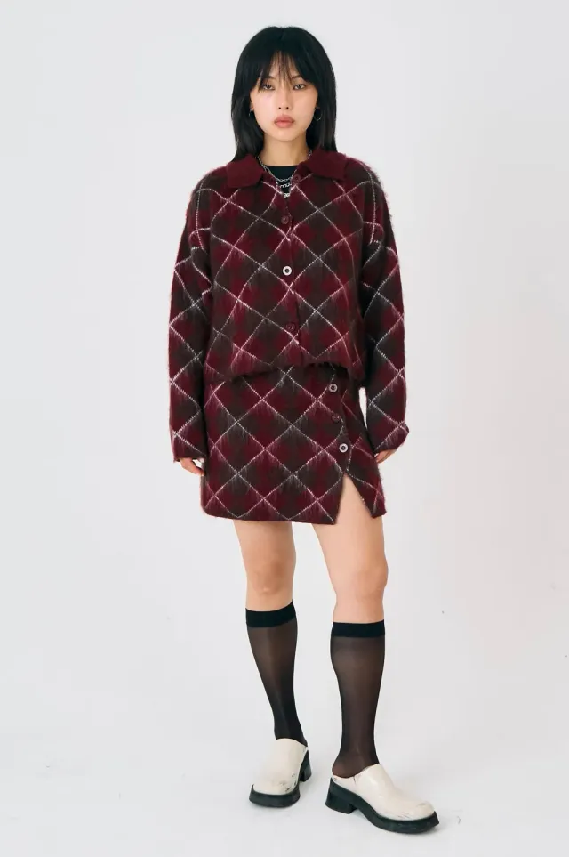 THE RAGGED PRIEST Estate Argyle Knit nederdel mini bordeaux