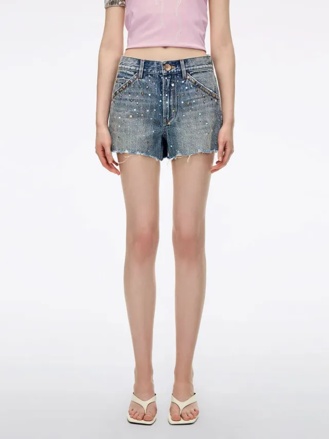 Miss Sixty Rhinestone denim shorts mellemblå sten