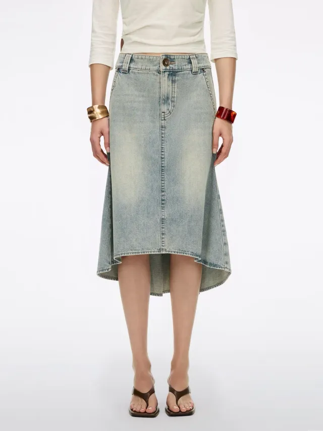 Miss Sixty denim midiskørt patchwork blå – A-line lav talje