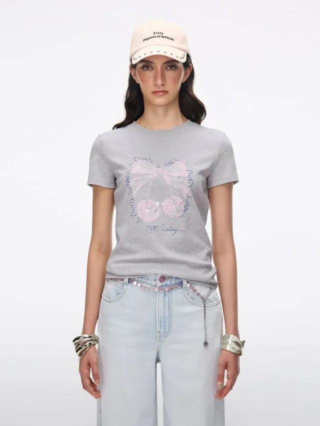 Miss Sixty t-shirt grå perlebroderi kirsebær slank