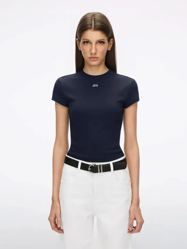 Miss Sixty cropped t-shirt lilla blå bomuld logo broderi