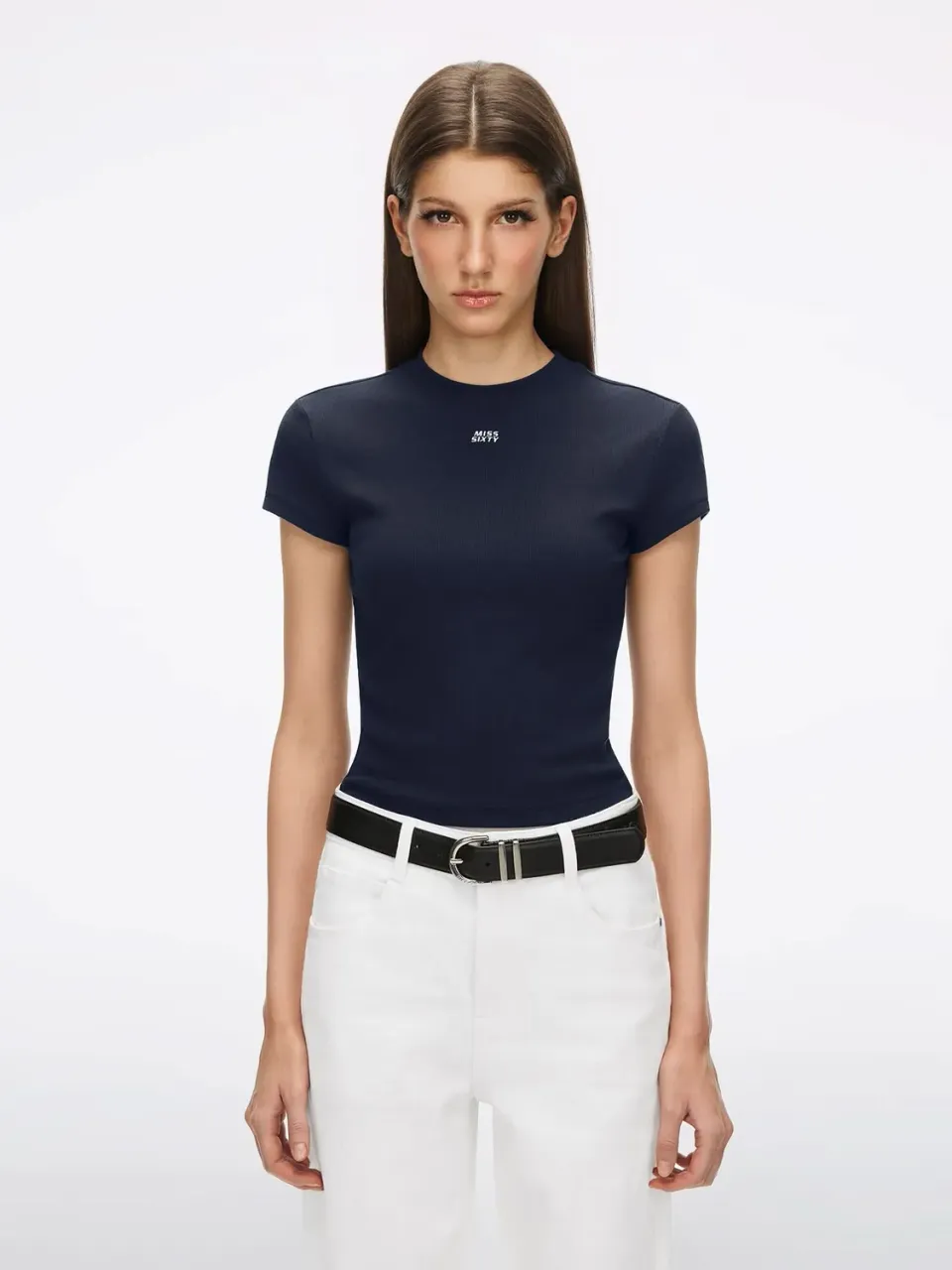 Miss Sixty cropped t-shirt lilla blå bomuld logo broderi