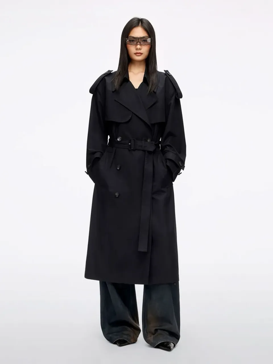 Miss Sixty trenchcoat sort bæltet dobbeltradet