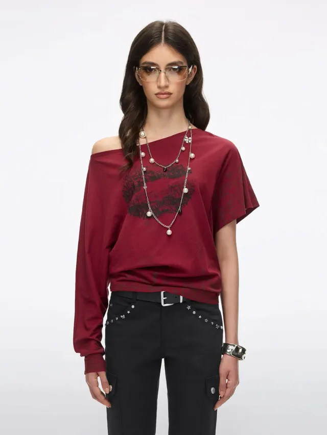 Miss Sixty Lip-Print t-shirt rød asymmetrisk