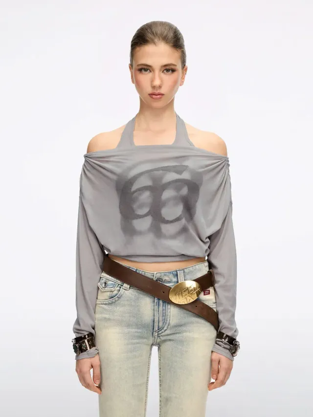 Miss Sixty Logo t-shirt vintage brun off-shoulder