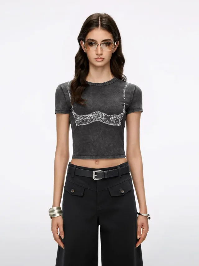 Miss Sixty Beaded Graphic T-shirt mørkegrå cropped perler