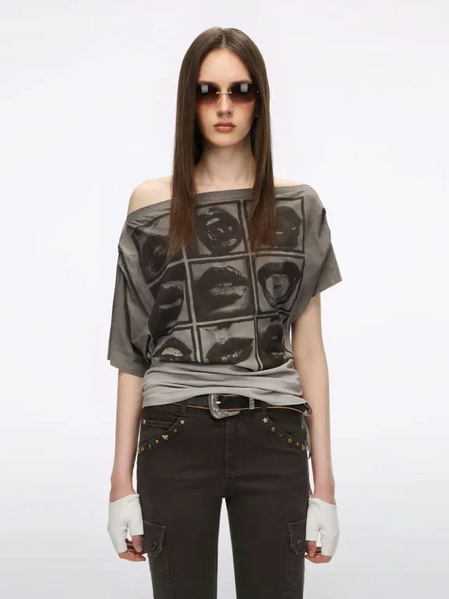 Miss Sixty Off-Shoulder T-Shirt grågrøn hør
