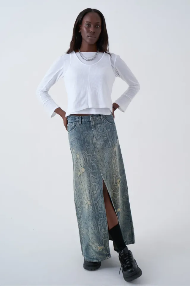 The Ragged Priest Skin Snakeskin Print denimnederdel maxi