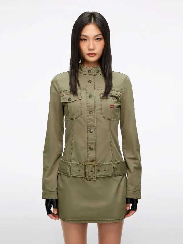 Miss Sixty bæltekjole militærgrøn twill bomuld