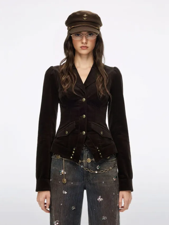 Miss Sixty Studded fløjlsjakke brun cropped