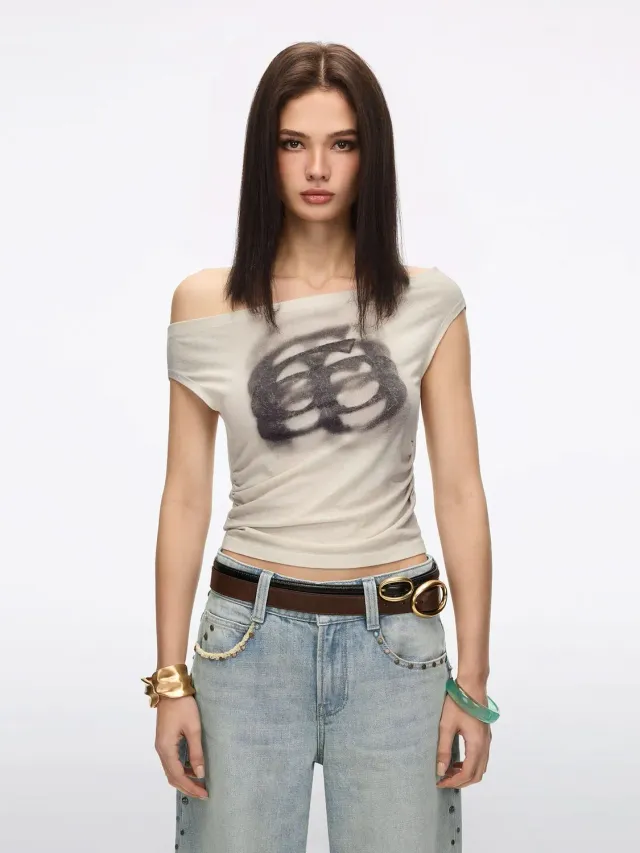 Miss Sixty off-shoulder t-shirt vintage kakifarvet