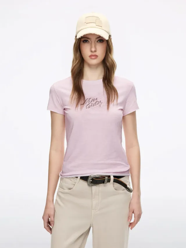 Miss Sixty Distressed Logo T-shirt lyserosa hørbomuld